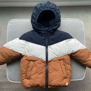 Zara Toddler Hooded Winter Coat in Navy, White, and Brown